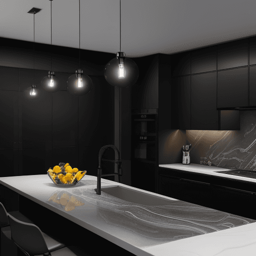 AI generated: modern kitchen, sleek matte black finishes, with a black steel and warm grey marble, EF 24mm f/1.4L ...