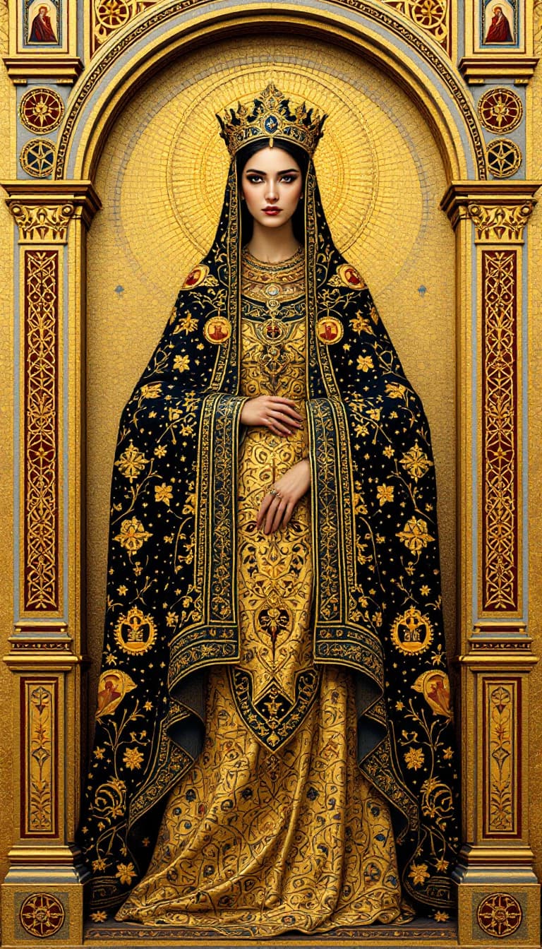 AI generated: Recalling the Byzantine era and the mosaic art of Hagia Sophia, a strikingly stylized, full-figure r...