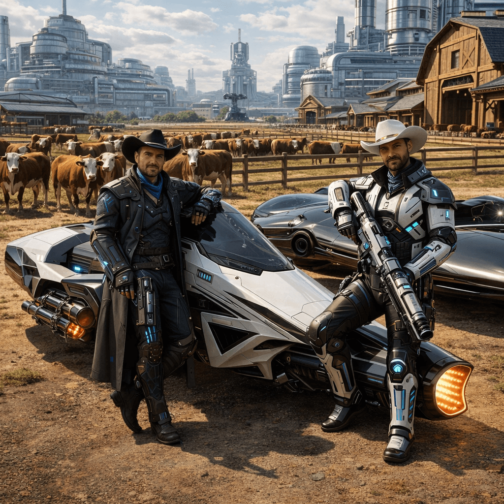 AI generated: Create an image of two futuristic, but different looking, Human Cowboys, posing comfortably on their...