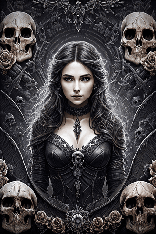 AI generated: close-up sketch of beautiful lady in the dark, (((among flying skulls))), textured organic forms, ne...
