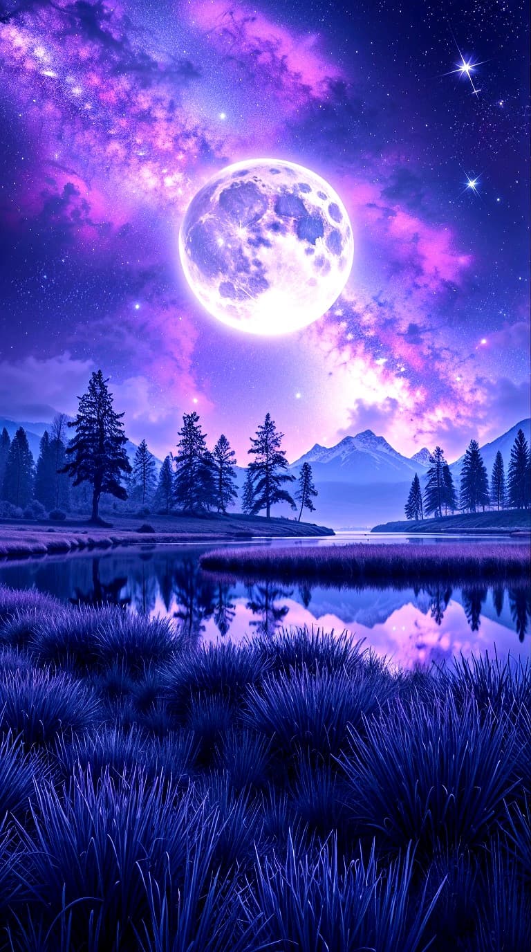 AI generated: A realistic, wide angle view of a cosmic landscape, with a glowing nebula in shades of purple, silve...