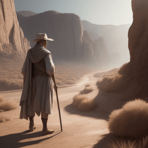 AI generated: A dry valley. a man, dressed in rags with a staff in his hands,  a ray on golden sunlight. A text sa...