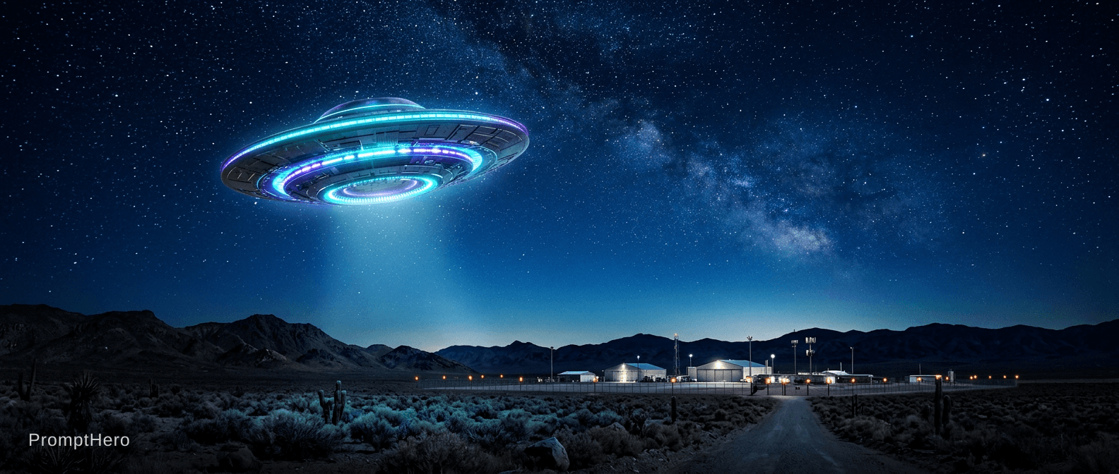 AI generated: an area 51 in nevada ufo themed image with a background made with a gradient from black at the botto...