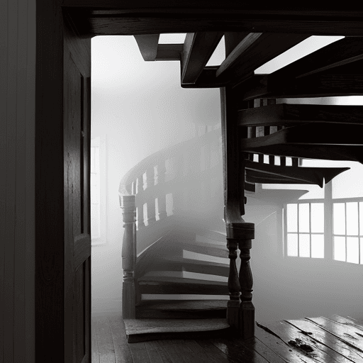 AI generated: A wooden staircase in an old house covered in mist. Grey background
