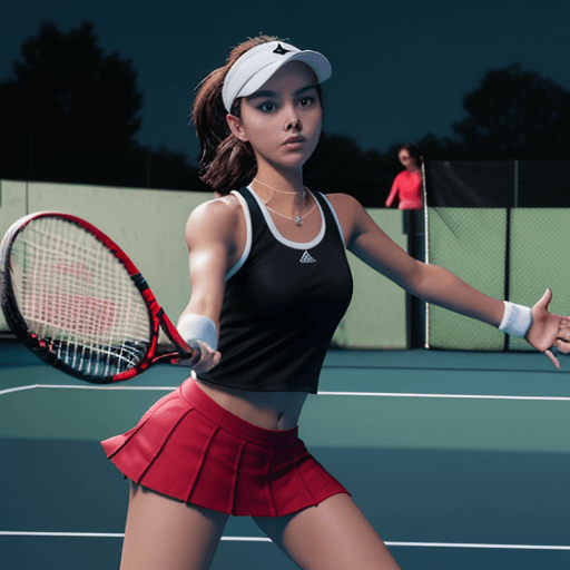 AI generated: This shot shows a girl playing tennis on a court at night. She is in the process of serving, with he...