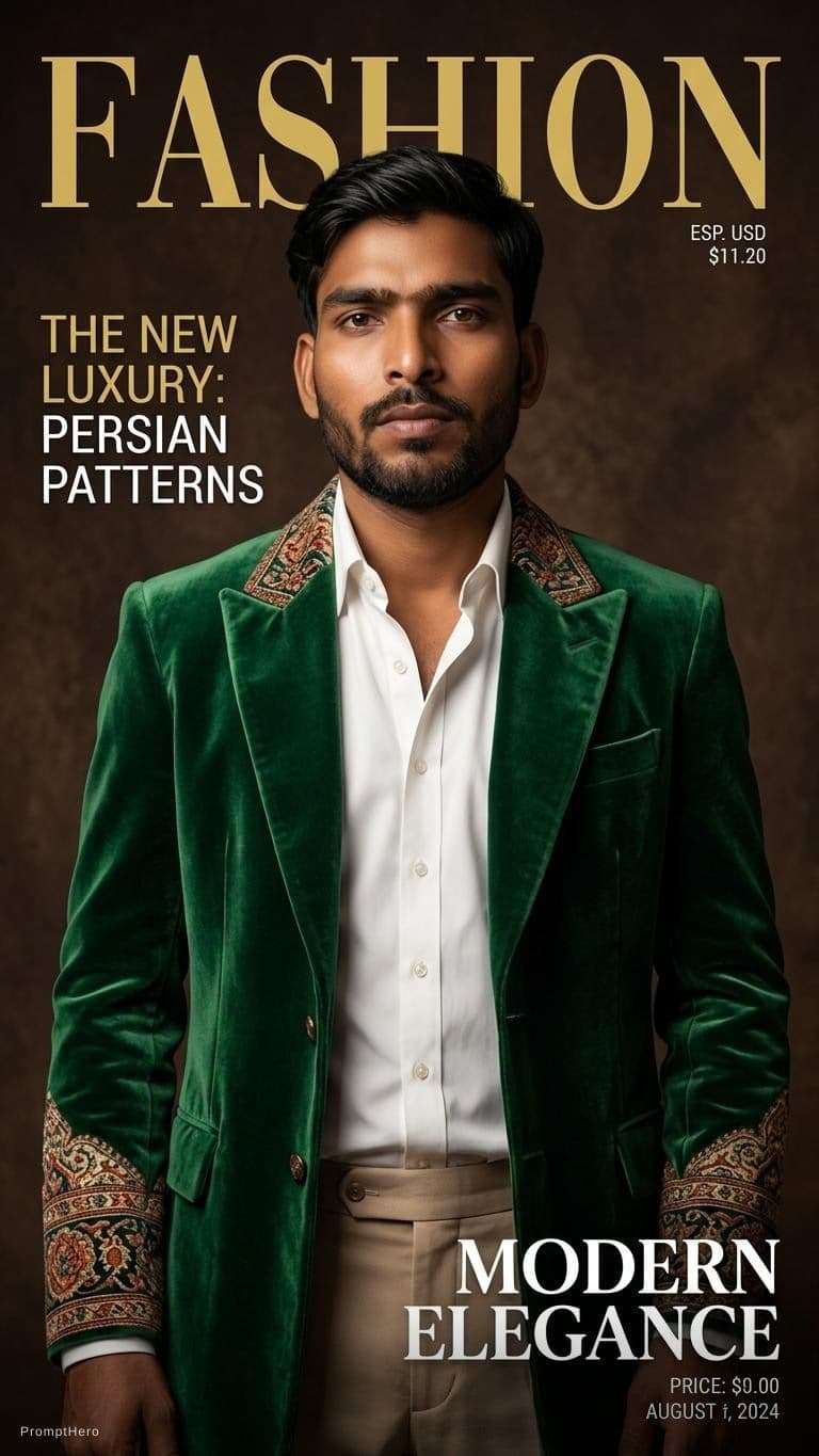 AI generated: fashion cover, front view, upper-body, A man model, dark brown background , A green velvet coat with...