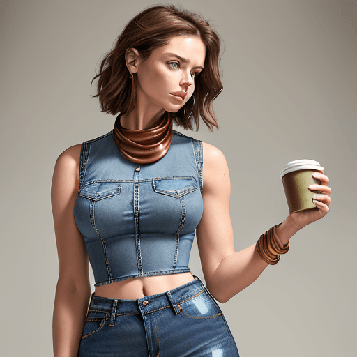 AI generated: A photorealistic image of a woman in a stylish denim ensemble. She wears a sleeveless, form-fitting ...