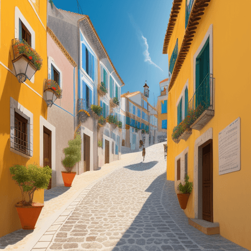 AI generated: a beautiful digital drawing of a portuguese street village, reduced palette of saturated colors, pic...