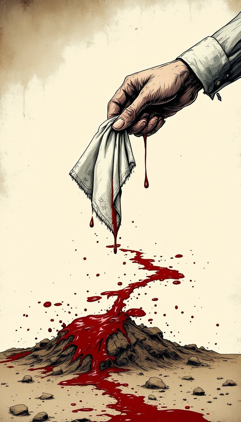 AI generated: a trail of blood leading to a Victorian handkerchief being held in a hand that is poking out of the ...