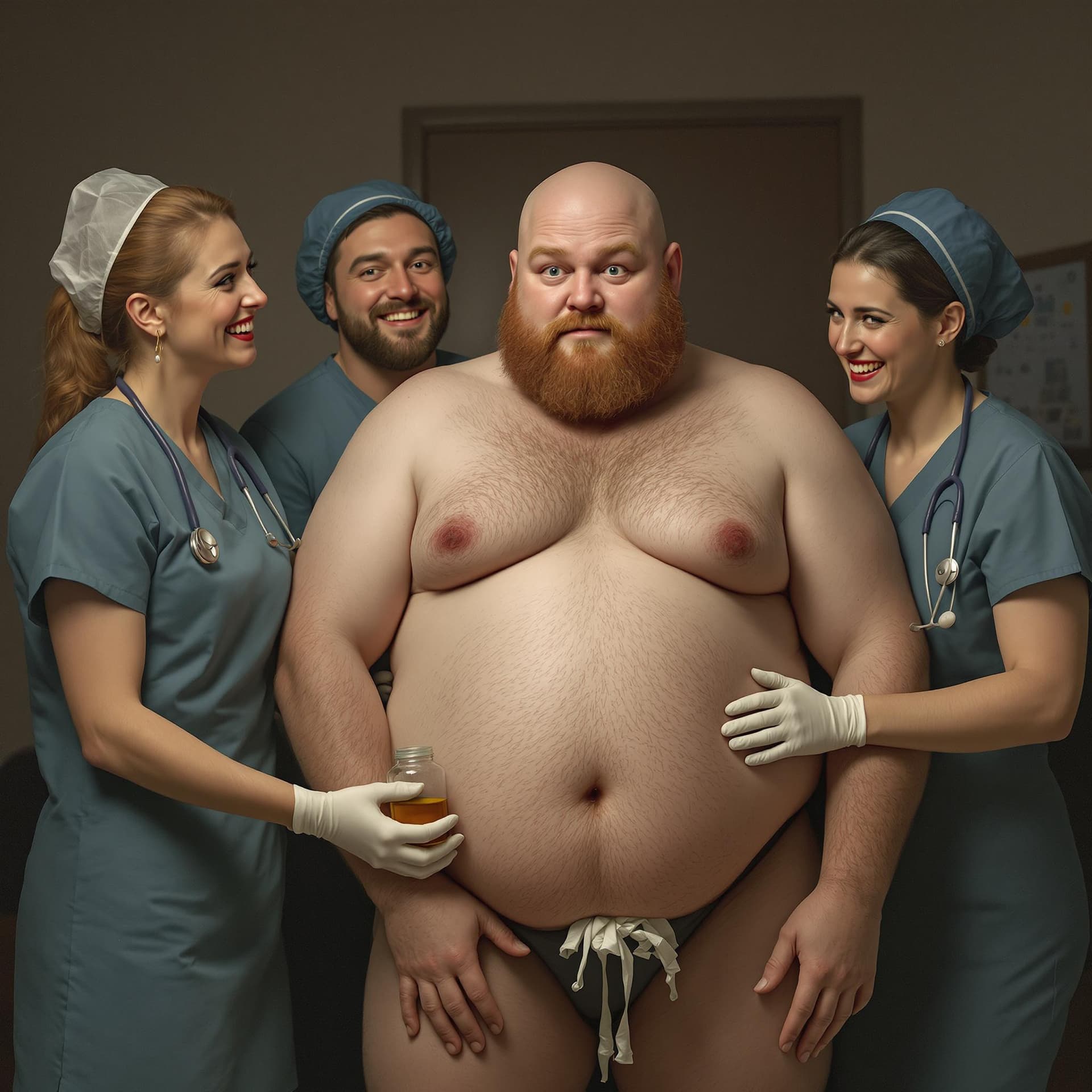AI generated: Bald, fat, short, short bearded man fully undress in front of four amused middle aged nurses in medi...