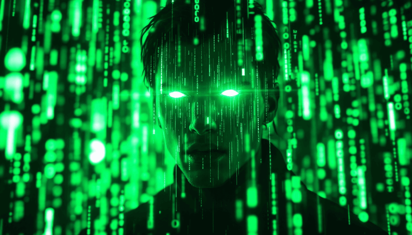 AI generated: The background is a mesmerizing, glowing matrix grid in a vibrant light green hue, with cascading st...