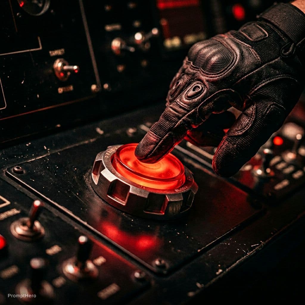 AI generated: A close-up of a human finger wearing a tactical combat glove, pressing a large, central red button d...