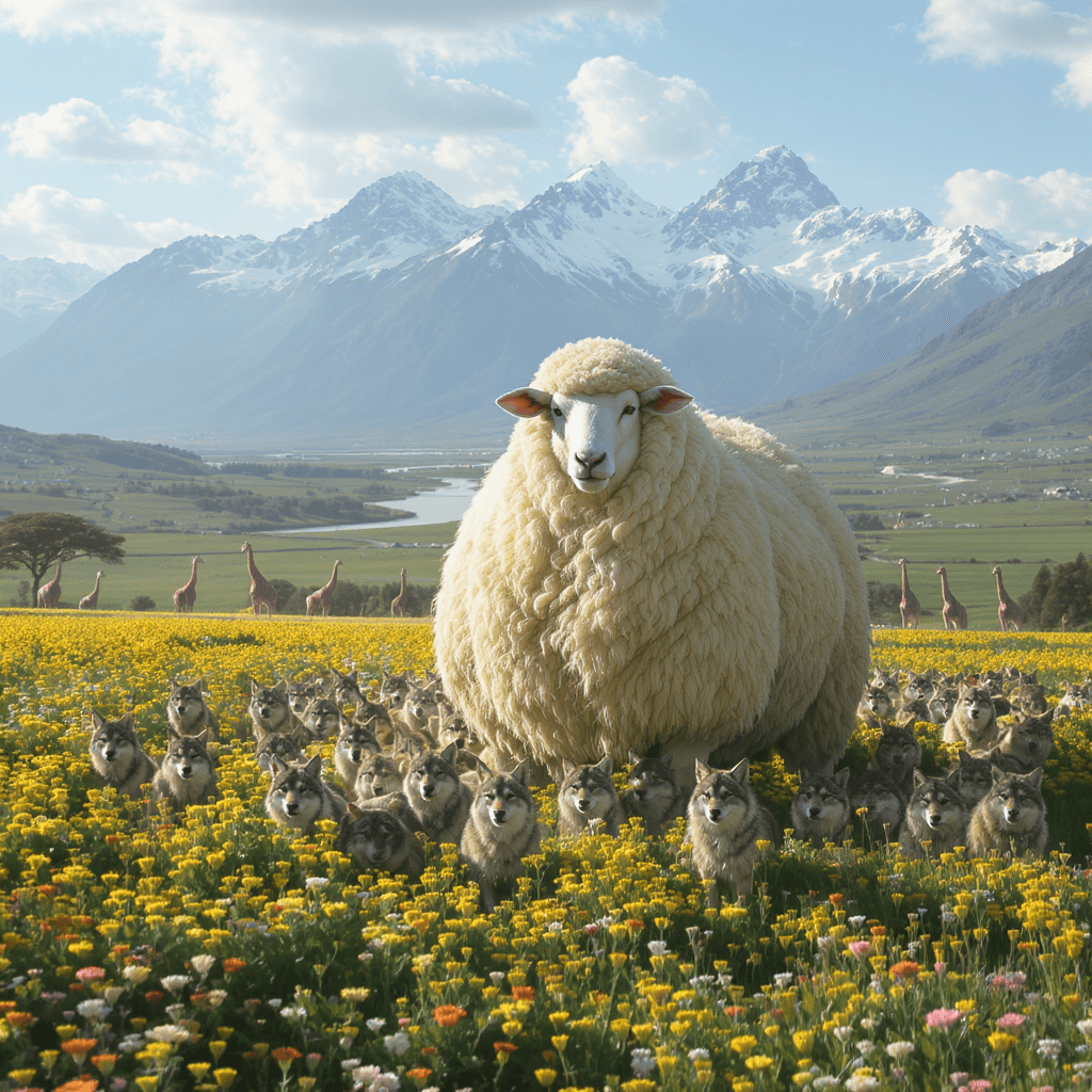 AI generated: A flock of wolves guarded by a very large and strong sheep, with wool wavy in the shape of muscles, ...