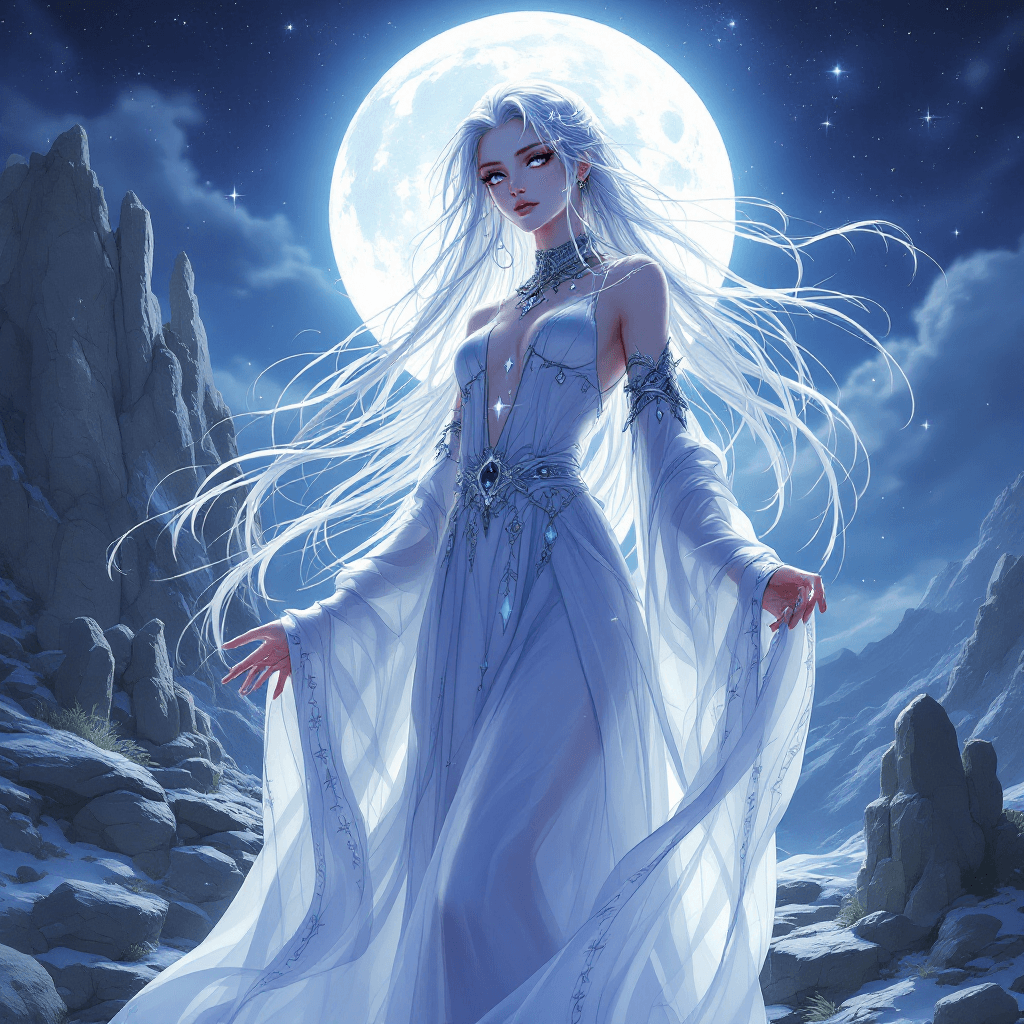 AI generated: 16. The Lunar Priestess: A serene and mysterious priestess with long, flowing, silver hair that seem...