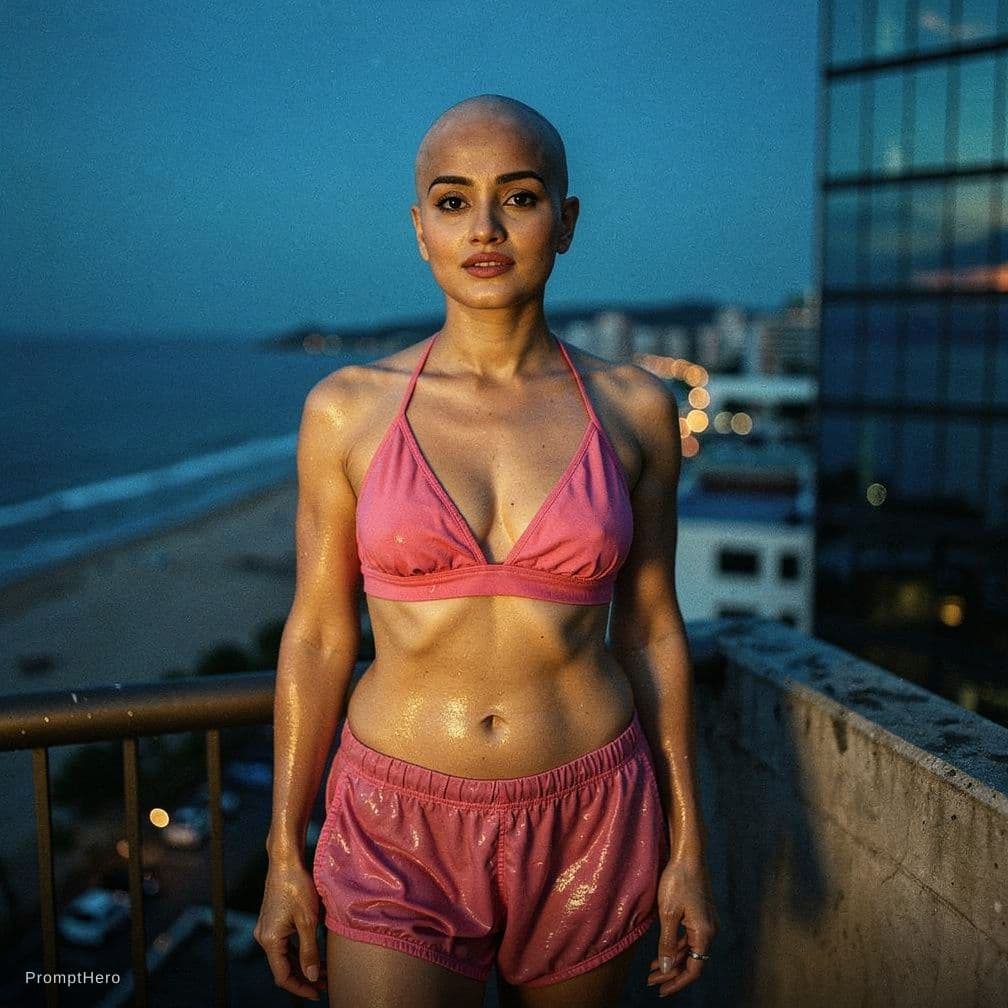 AI generated: this girl on a high balcony just after swimming. damp strands escaping around her face,framing an at...