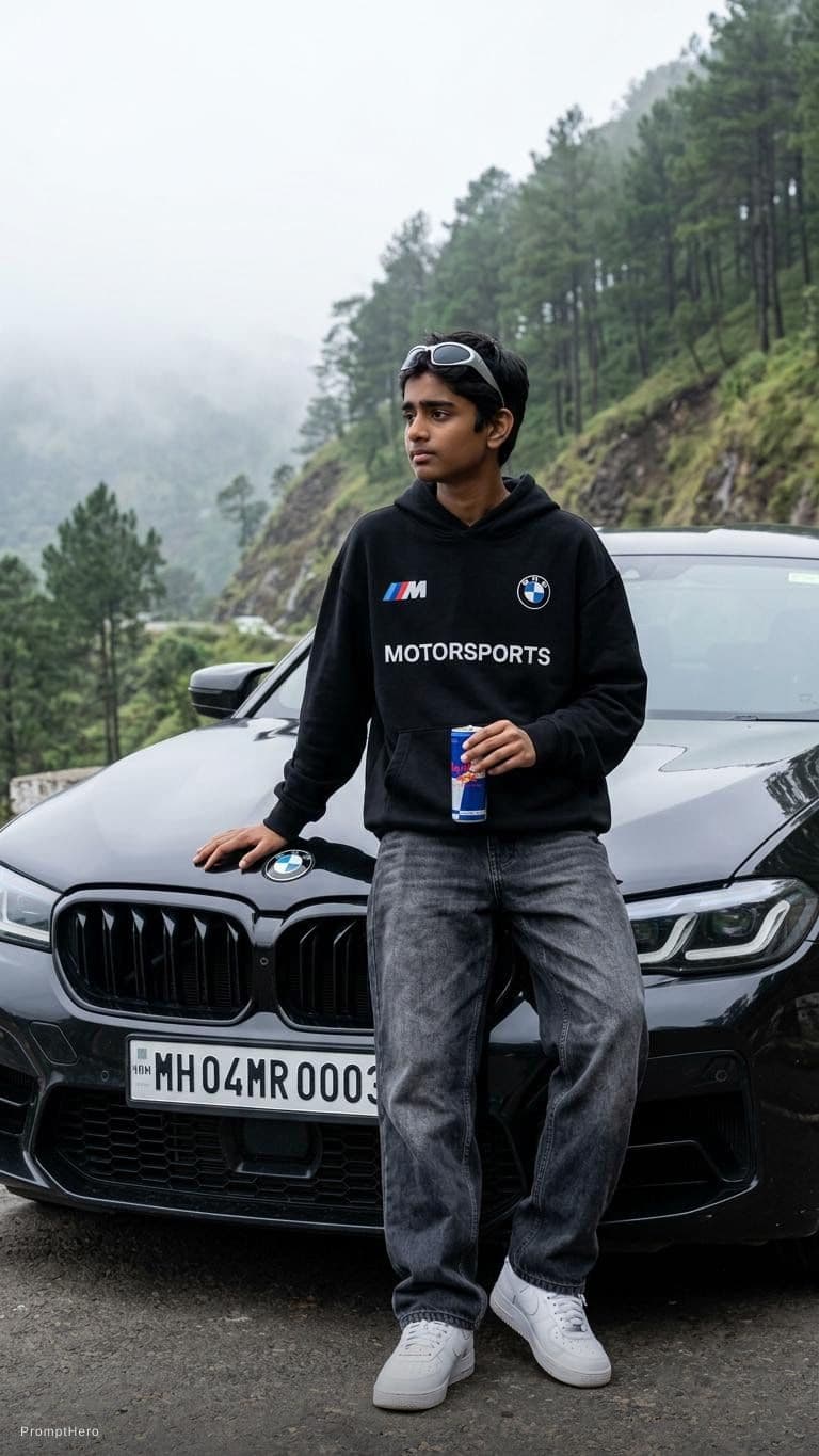AI generated: Ultra-realistic 8K photo, my face preserved 100% exactly as uploaded. Young man leaning near the hoo...