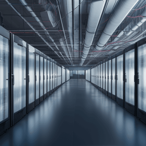 AI generated: create a technical image showing a secured data center connected to 10 separate secured offices at d...