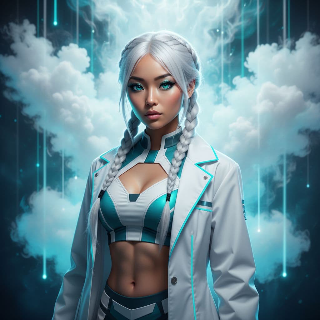 AI generated: white hair, beautiful young asian girl, beautiful eyes, olive skin, four pigtails, petite body, smal...