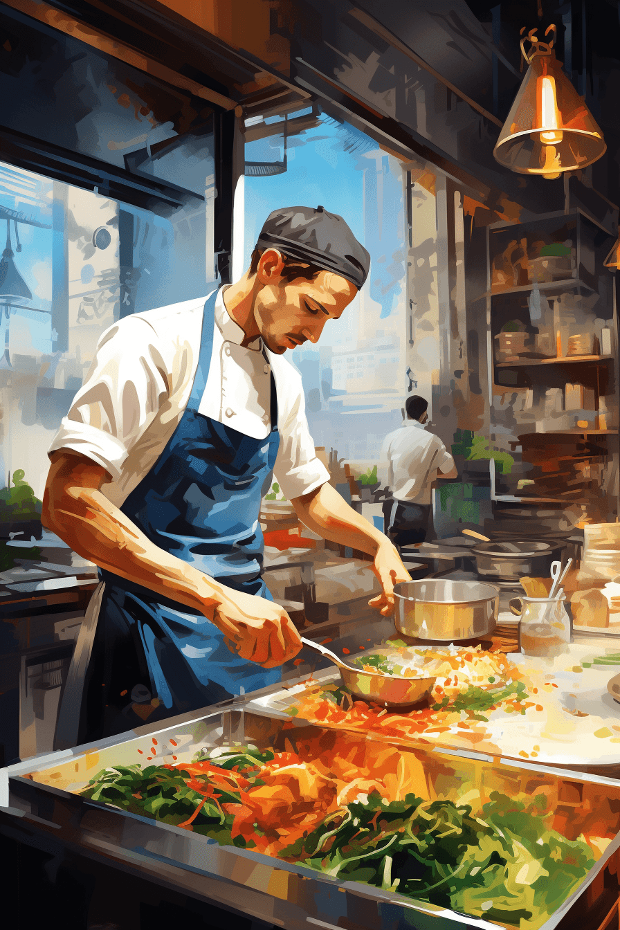 AI generated: Action shot of a chef in a bustling kitchen, culinary style, in a vibrant District, watercolor paint...