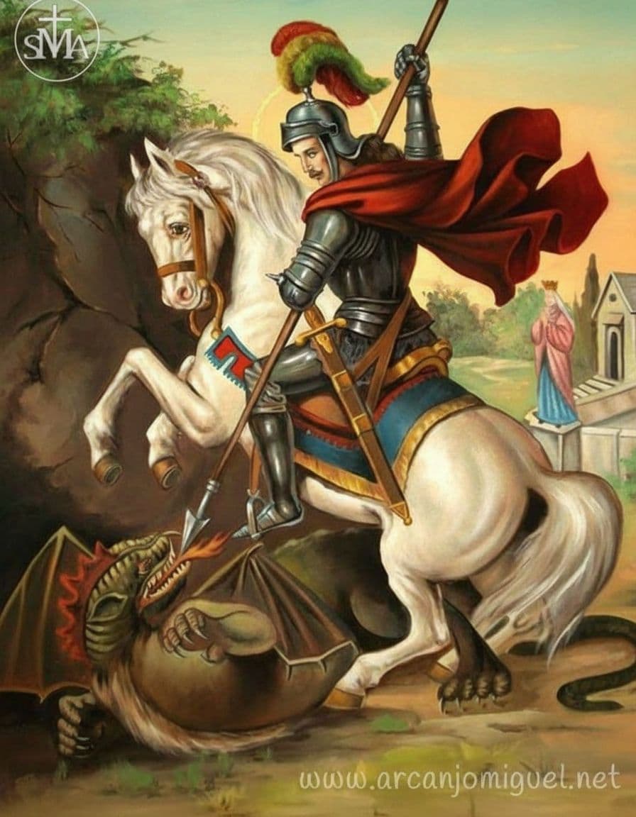 AI generated: The image depicts a life-sized statue of Saing George, in your horse, in a field filled with colorfu...