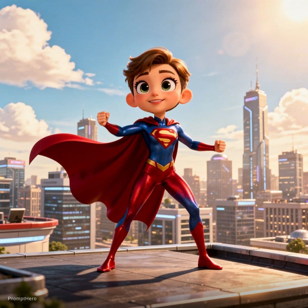 AI generated: cartoon 3D sunny bright Pixar-style image, super hero --chaos 75 --ar 4:5 --raw --stylize 750