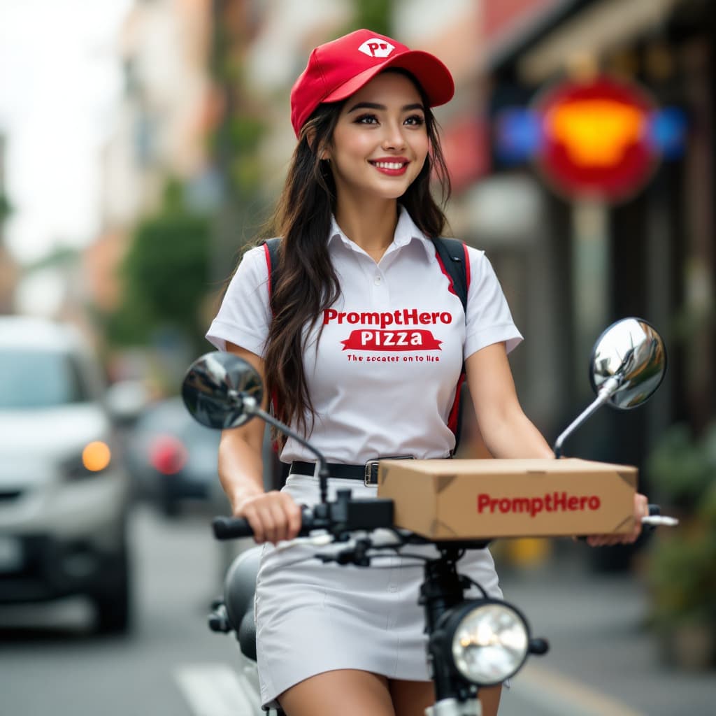 AI generated: a pertty female, pizza shop uniform,mini skirt,E-Scooter, deliver pizza,the pizza box logo"PromptHer...