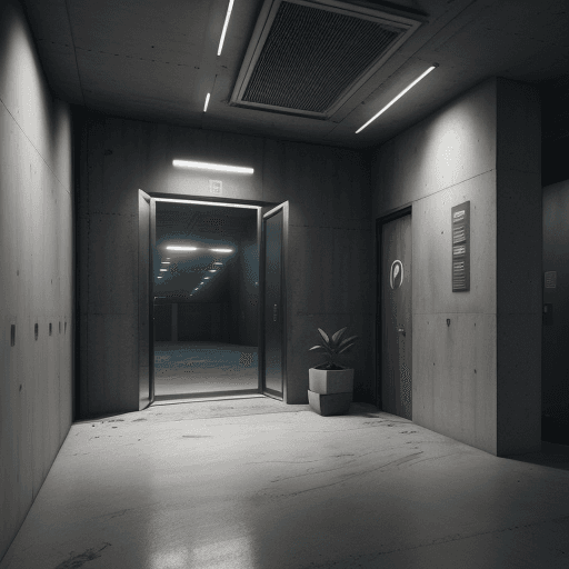 AI generated: social area inside a building with a concrete wall and close to a staircase and even a cinematic ele...