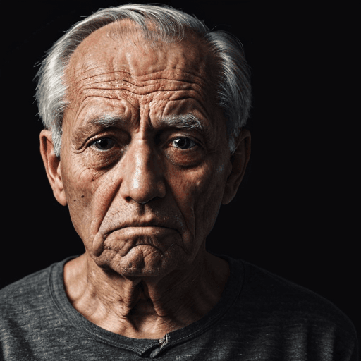 AI generated: An image of a very tired old man, black background settings, highly details  The facial expression r...