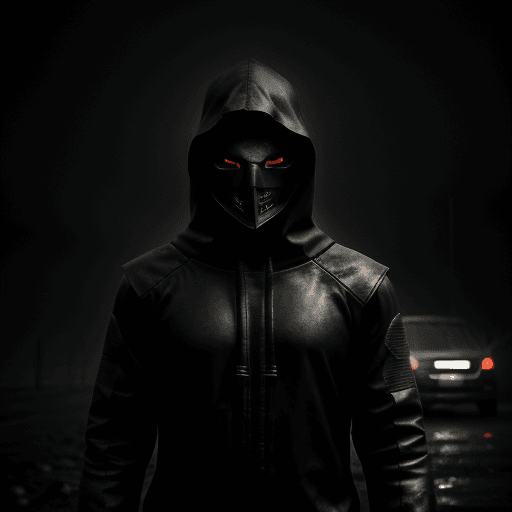 AI generated: masked man, dark torn hood, dark rainy foggy night, intricate dark and chrome damaged armor, smoke a...