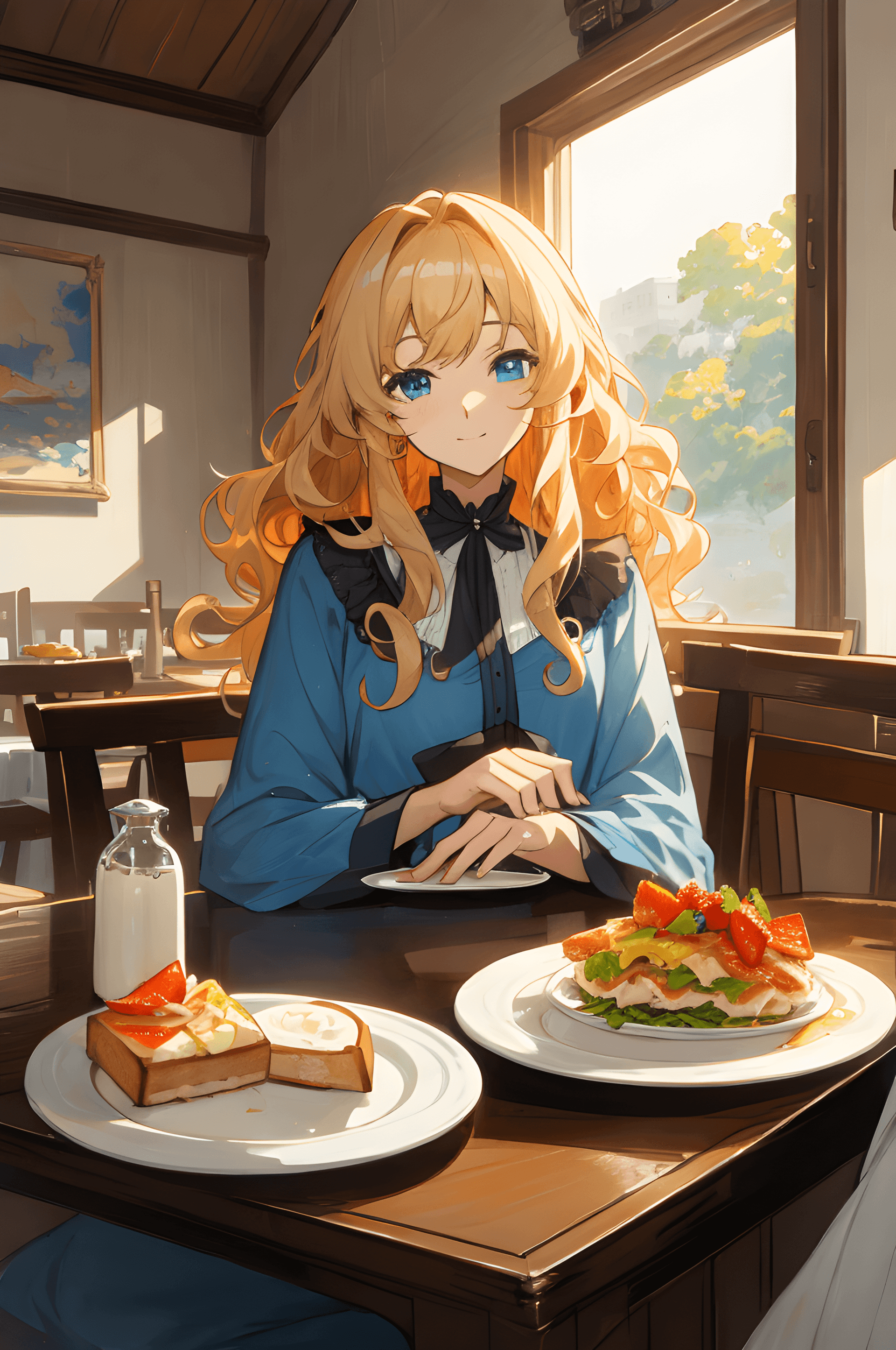 AI generated: a woman sitting at a table with a plate of food, an anime drawing, pixiv, curly blonde hair, oil pai...