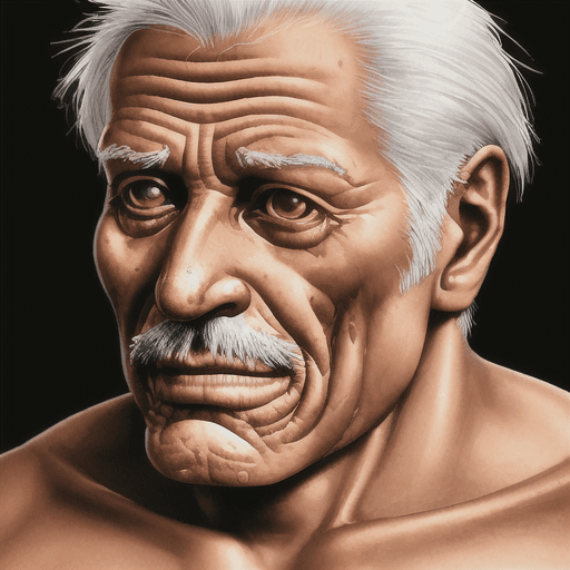AI generated: Realistic image of a human looking at the camera serious, proud, tired with an old man's face, cinna...