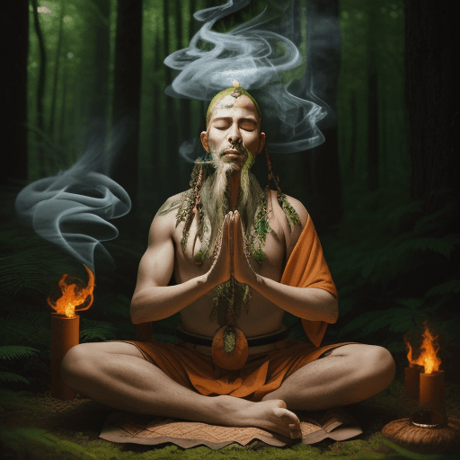 AI generated: master herbalist shaman with smoke fire meditating in forest nature