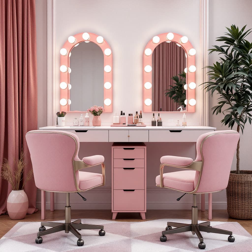 AI generated: 
Two-station front view, flat plane hair and makeup vanity with Disney-style chairs in pink colors