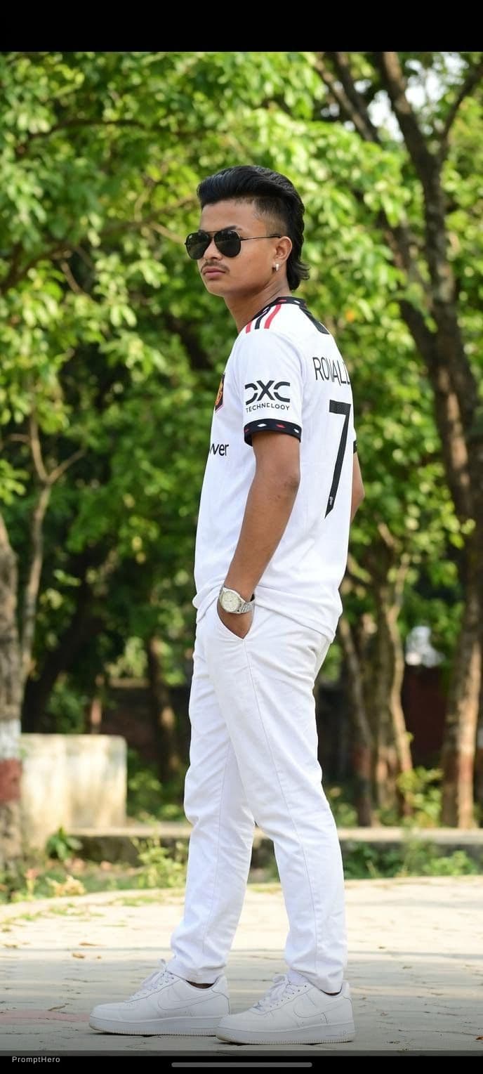AI generated: Create image do not face change aesthetic look side mullet haircut Ronaldo Jersey white white pant w...