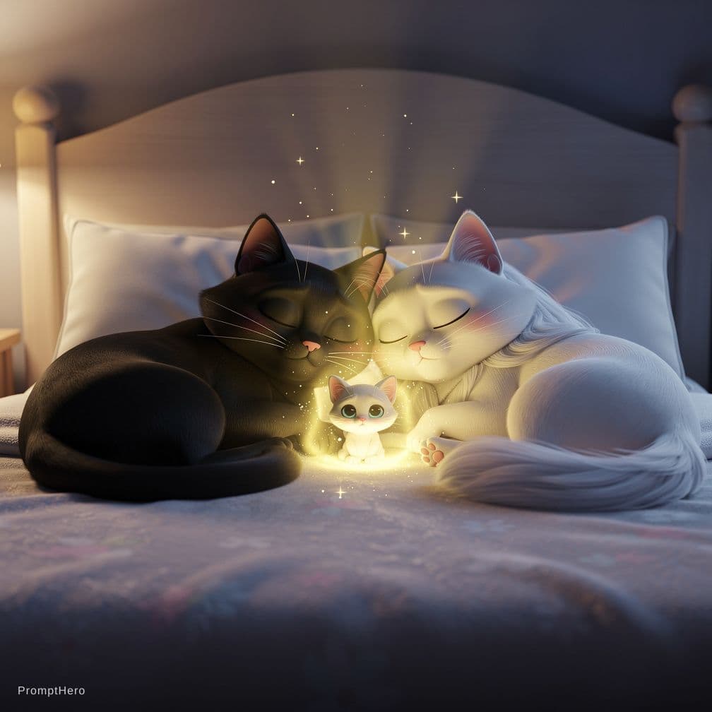 AI generated: a cute animated cat family sleeping in a cozy bed at night, father black cat, mother white cat with ...