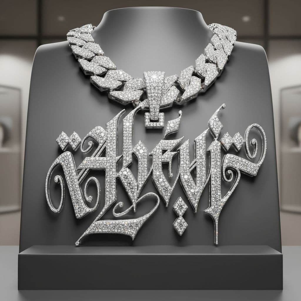 AI generated: CREATE A 3D PRESENTATION WITH BIG BLING BLING NECKLACE WITH THIS LOGO, ICED OUT,