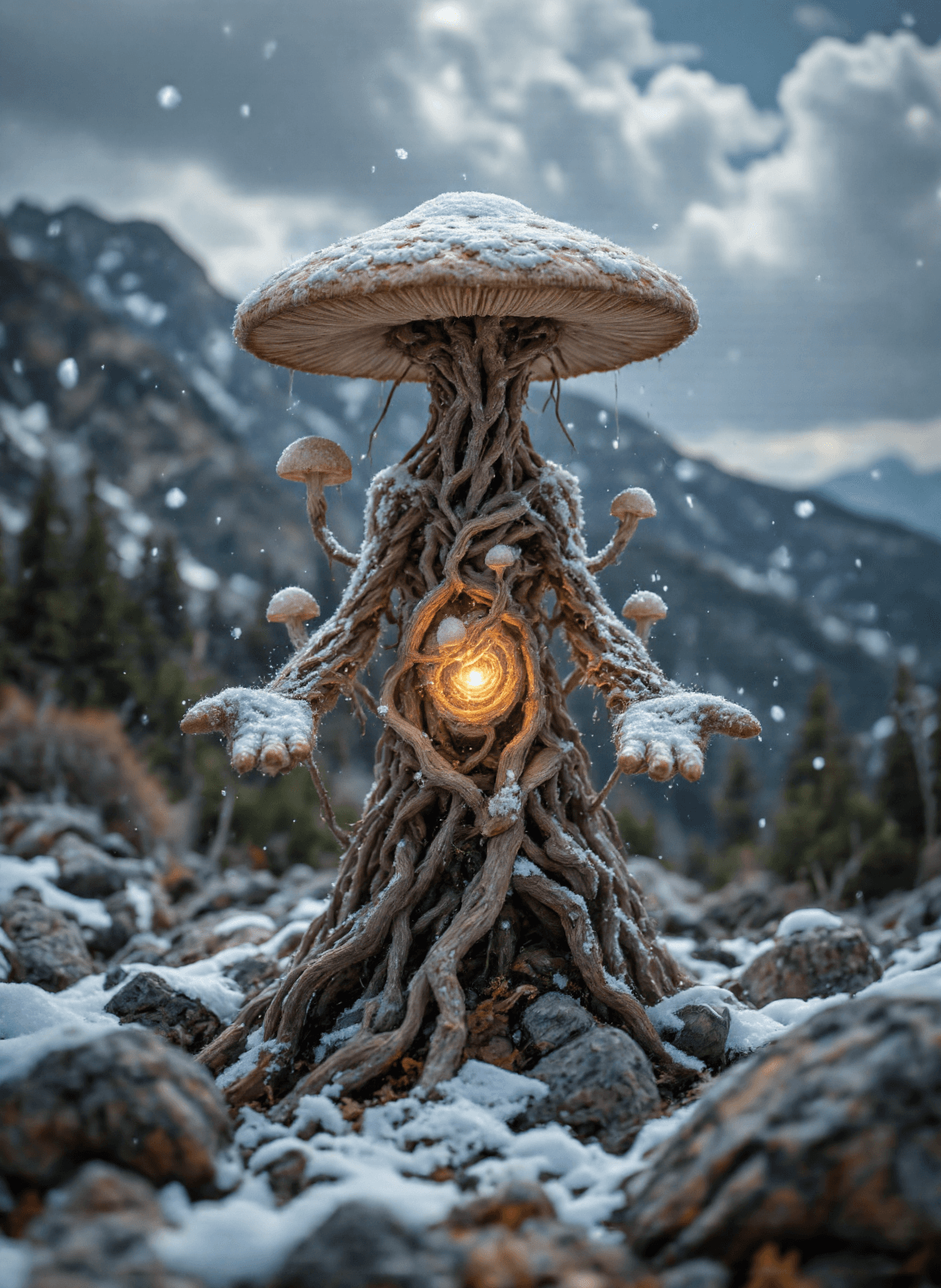 AI generated: The image depicts a fantastical scene set against a snowy backdrop with rocky terrain. At the center...