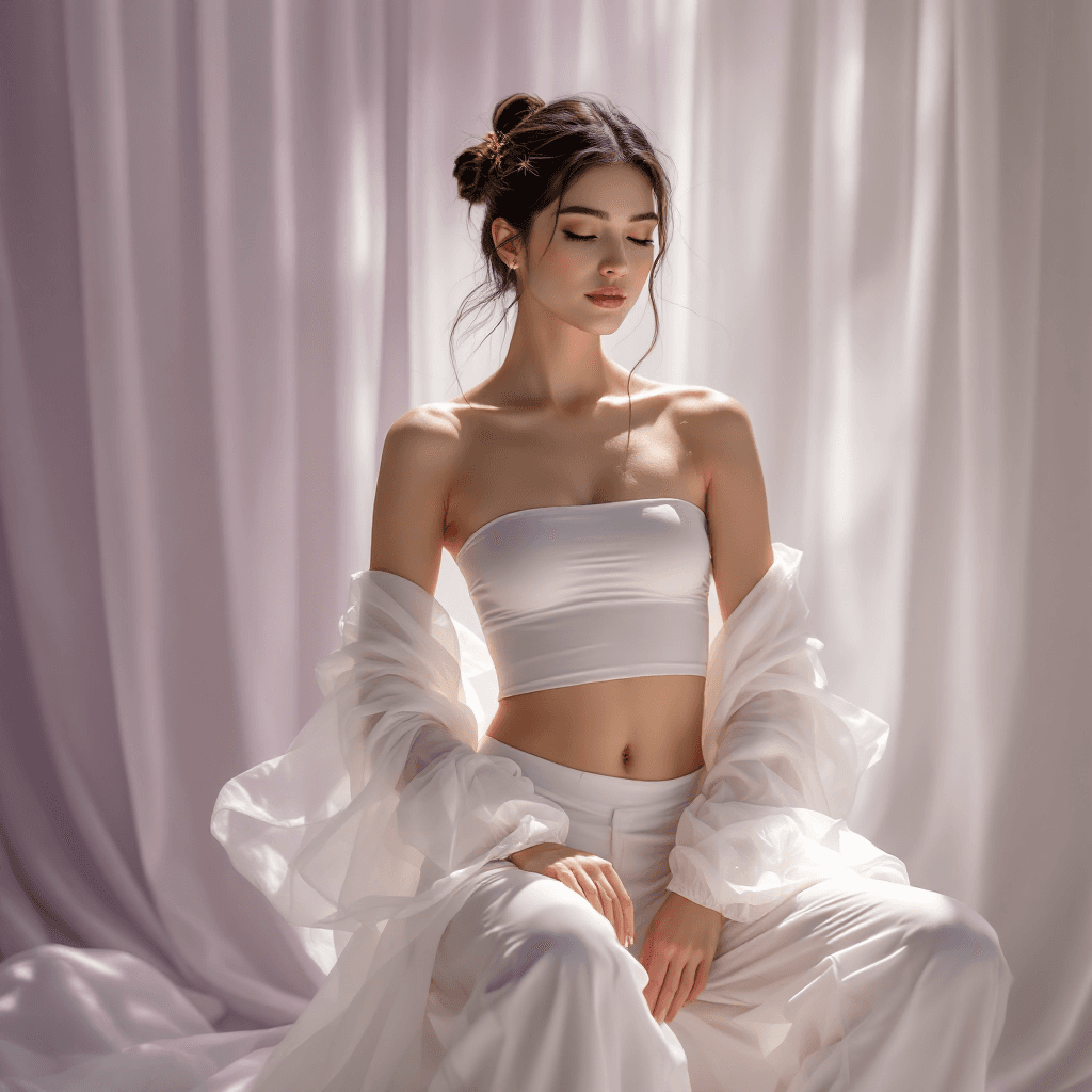 AI generated: A young woman,  mid-shot, in a white cropped top and matching pants.  The lighting is soft and diffu...