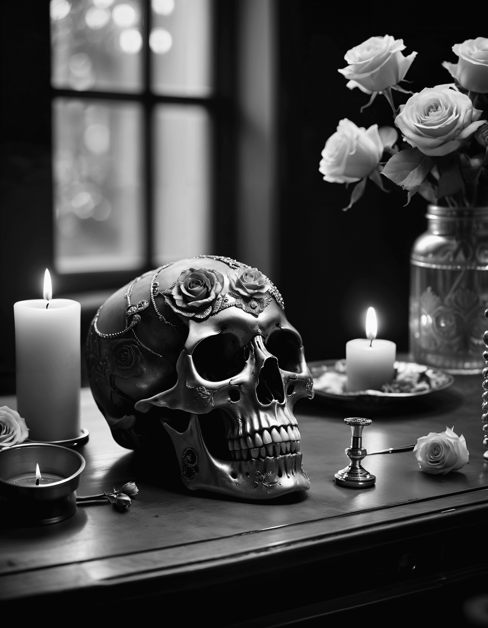 AI generated: A Ornate Skull sits on a Alchemist work table , Surrounded by Roses and candles, Analog Photo, film ...