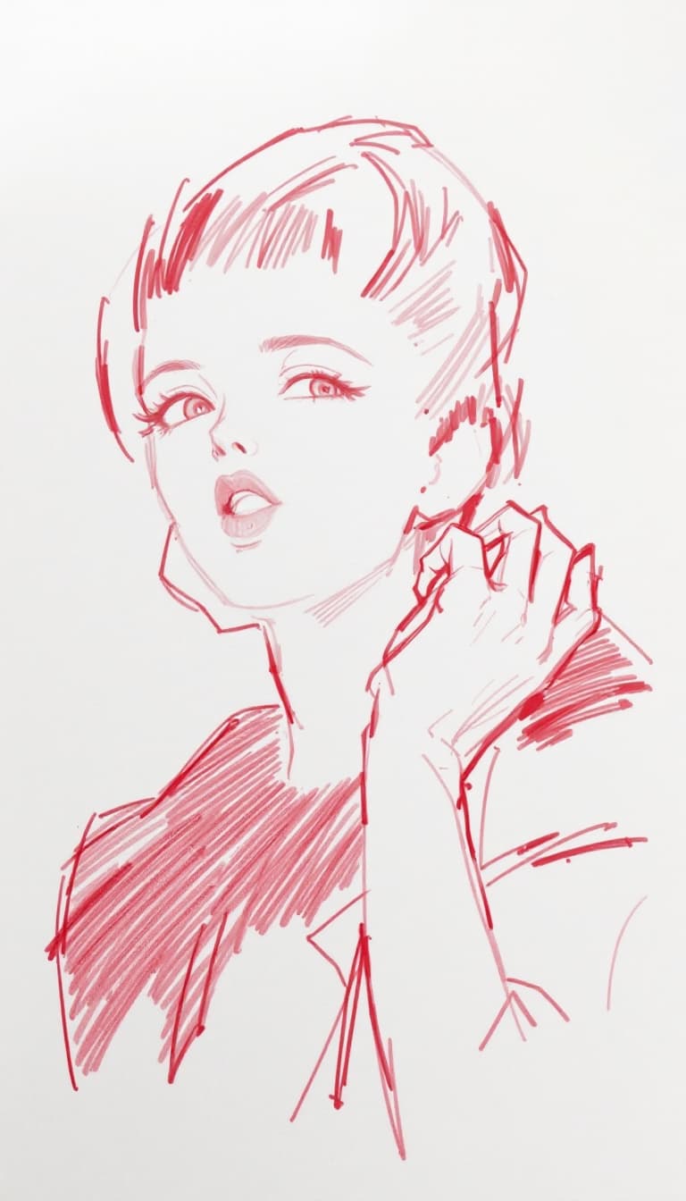 AI generated: girl, red pen drawing, sketch, anime, expressive