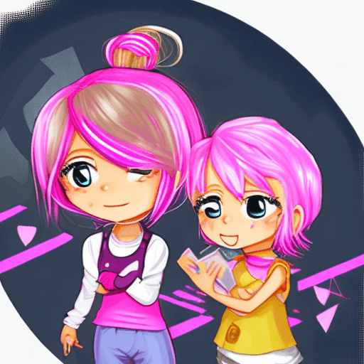 AI generated: a computer heroine with blond hair and pink hair with two small and cute and younger