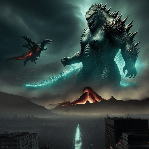 AI generated: Invasion of Godzillas King of the monsters with mixed with eldrazis from magic the gathering in a no...