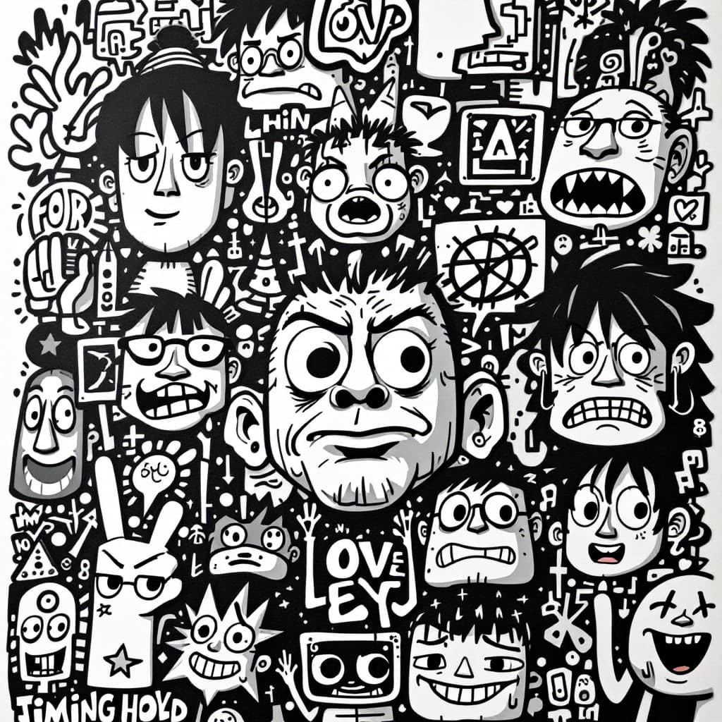 AI generated: An intricate and mainly black and white, just two other colors for details, graffiti-style poster fe...