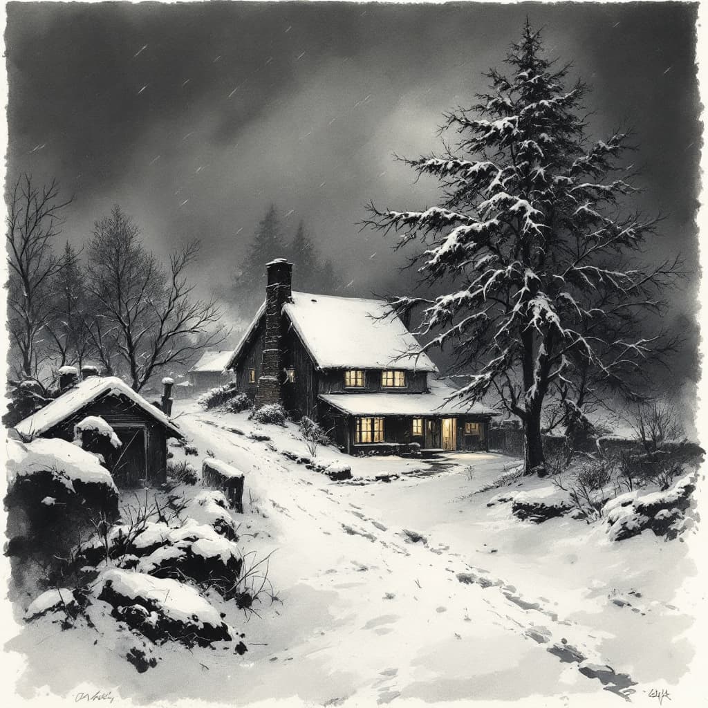 AI generated: a wet ink, charcoal sketch of snow covered home, december, night, howling wind, motion, snow covered...