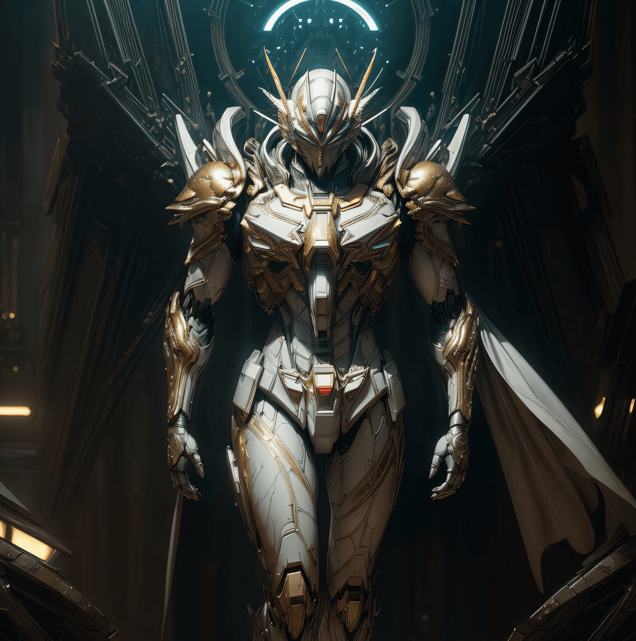 AI generated: full body shot of gundam in white and gold armour style suit,white cape, looking at center camera, p...