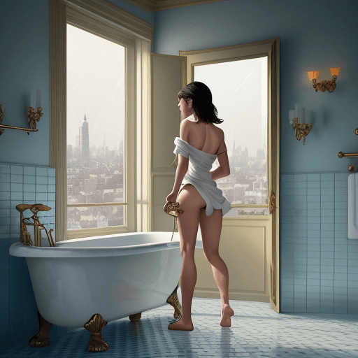AI generated: A detailed digital illustration in the style of Dimitry Roulland, featuring a woman in a bathtub, fa...
