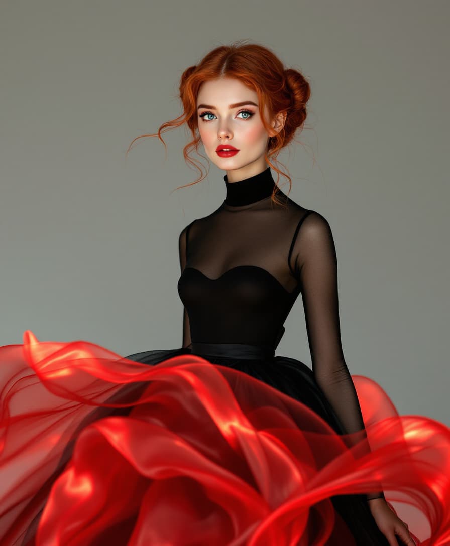 AI generated: Ultra HD full-body fashion portrait of a red-haired woman with bright blue eyes, her hair styled in ...