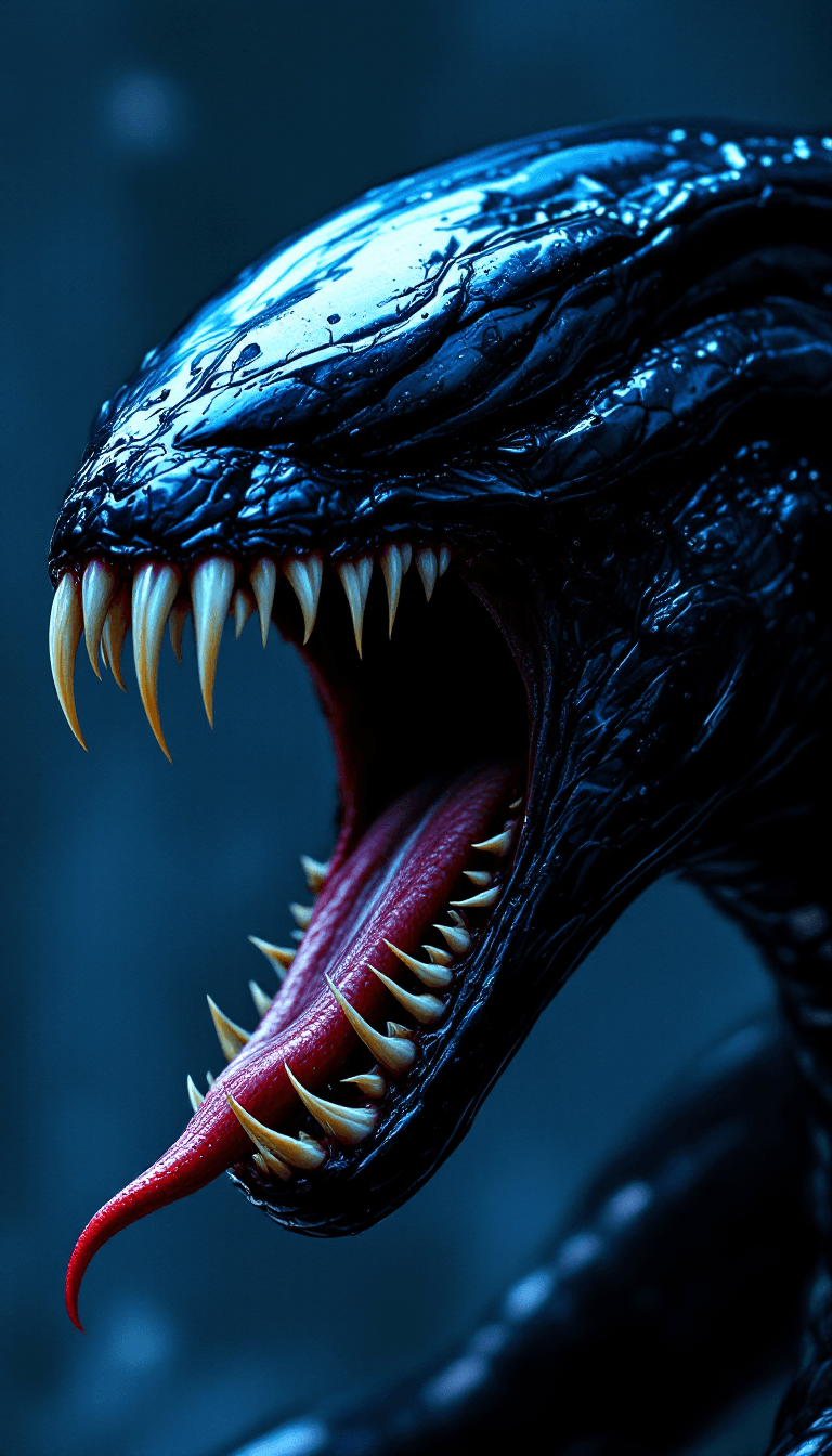 AI generated: a close up of a venom with its mouth open, film key art, by Charles Fremont Conner, full image, clea...