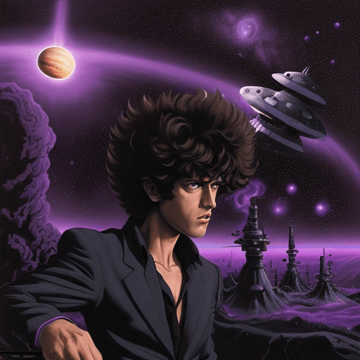 AI generated: Spike Spiegel smokes beside the black hole, purple, black, space, amazing, deep, spaceship, by style...