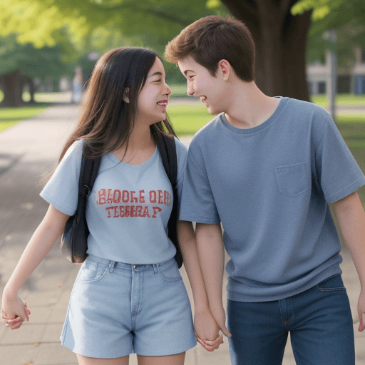 AI generated: A young couple holding hands and smiling at each other in a college campus